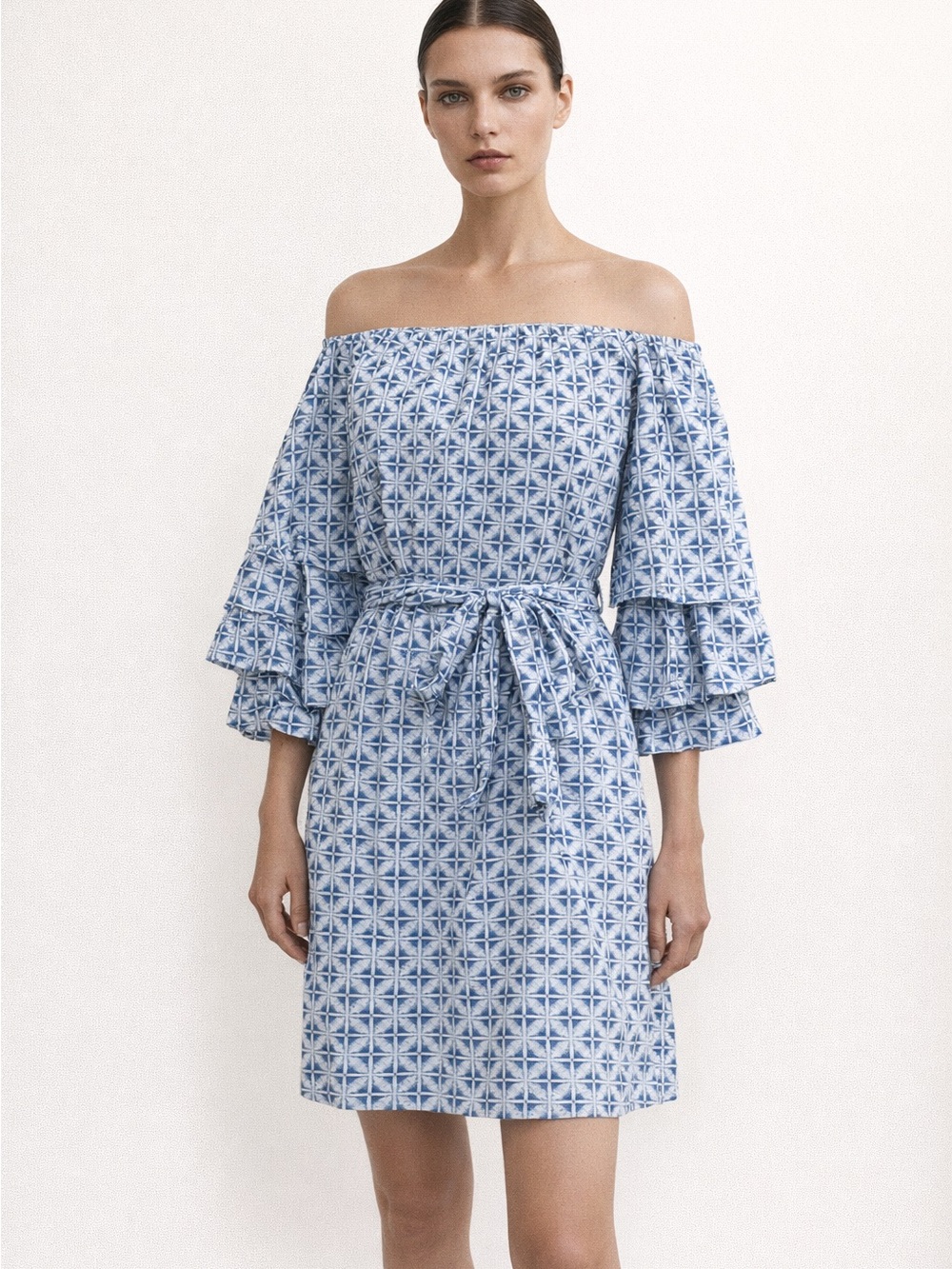 Roller Rabbit Anthropologie Zasris Marka Blue White Geometric Off Shoulder Dress
